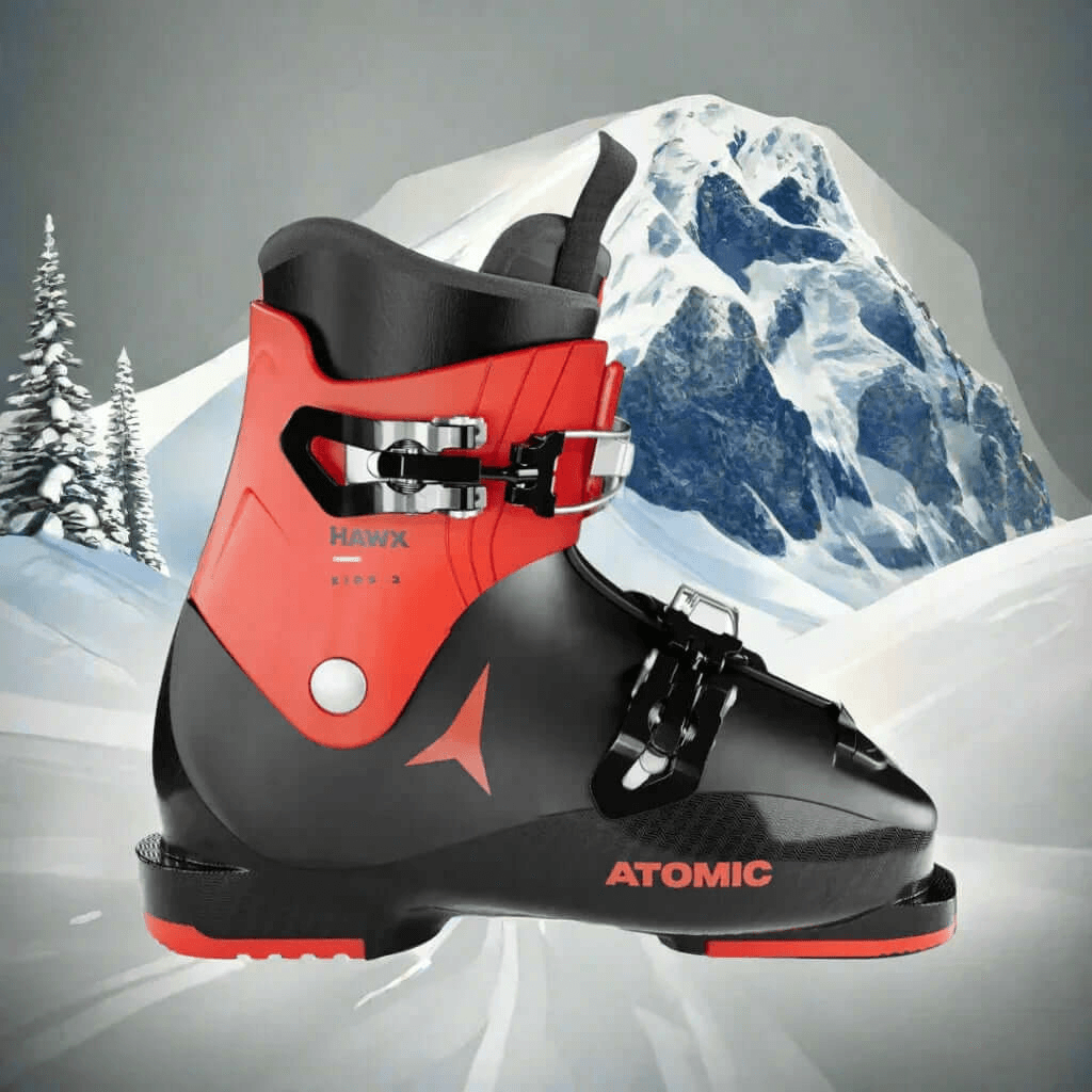 Bota de esquí infantil Atomic Hawx roja y negra, con una montaña nevada al fondo